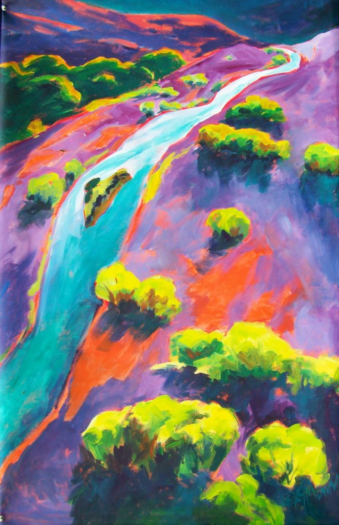 A painting of a colorful landscape split by a large river