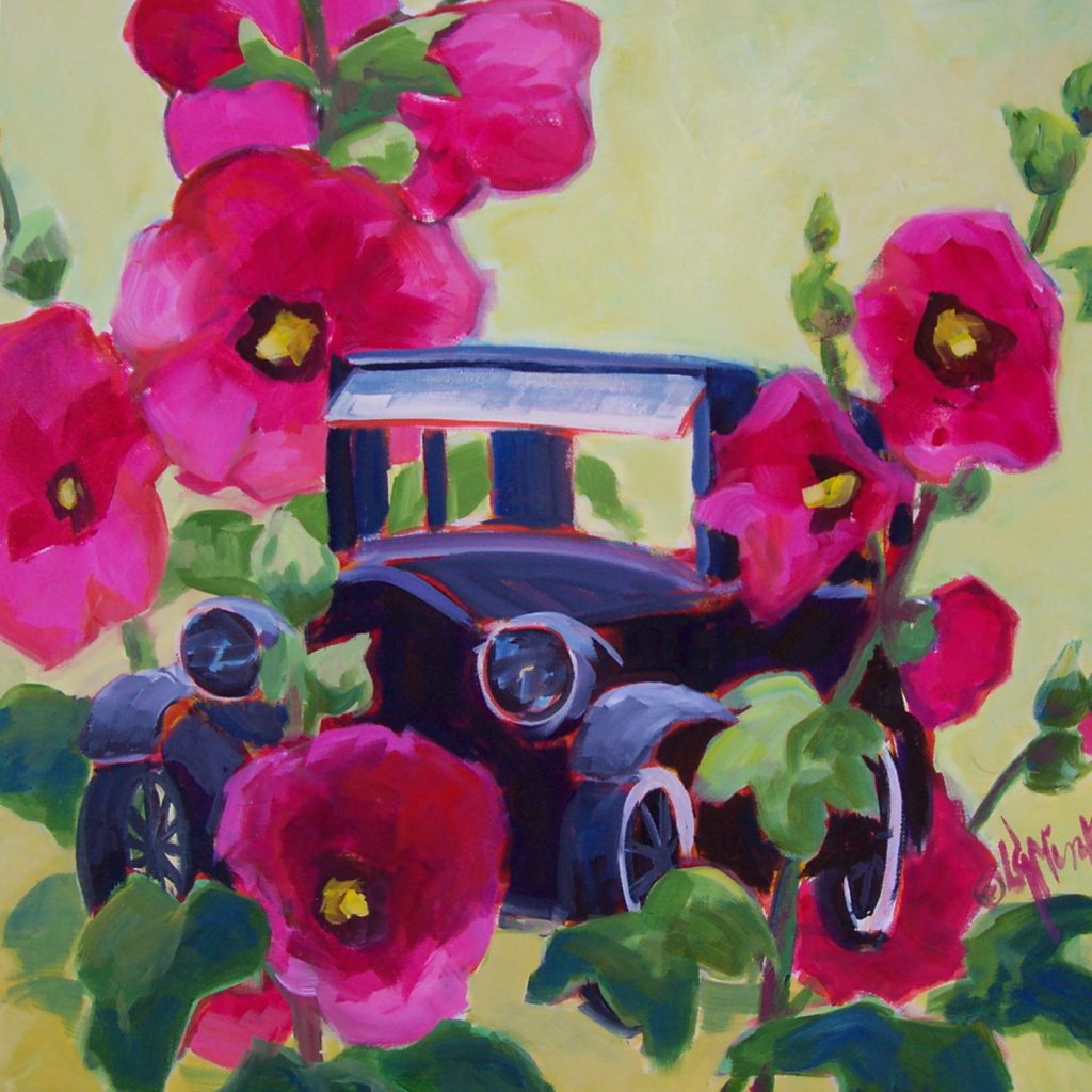A painting of a black old fashioned car and large hollyhock flowers