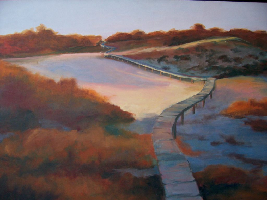 A painting of a winding boardwalk on the beach in the autumn