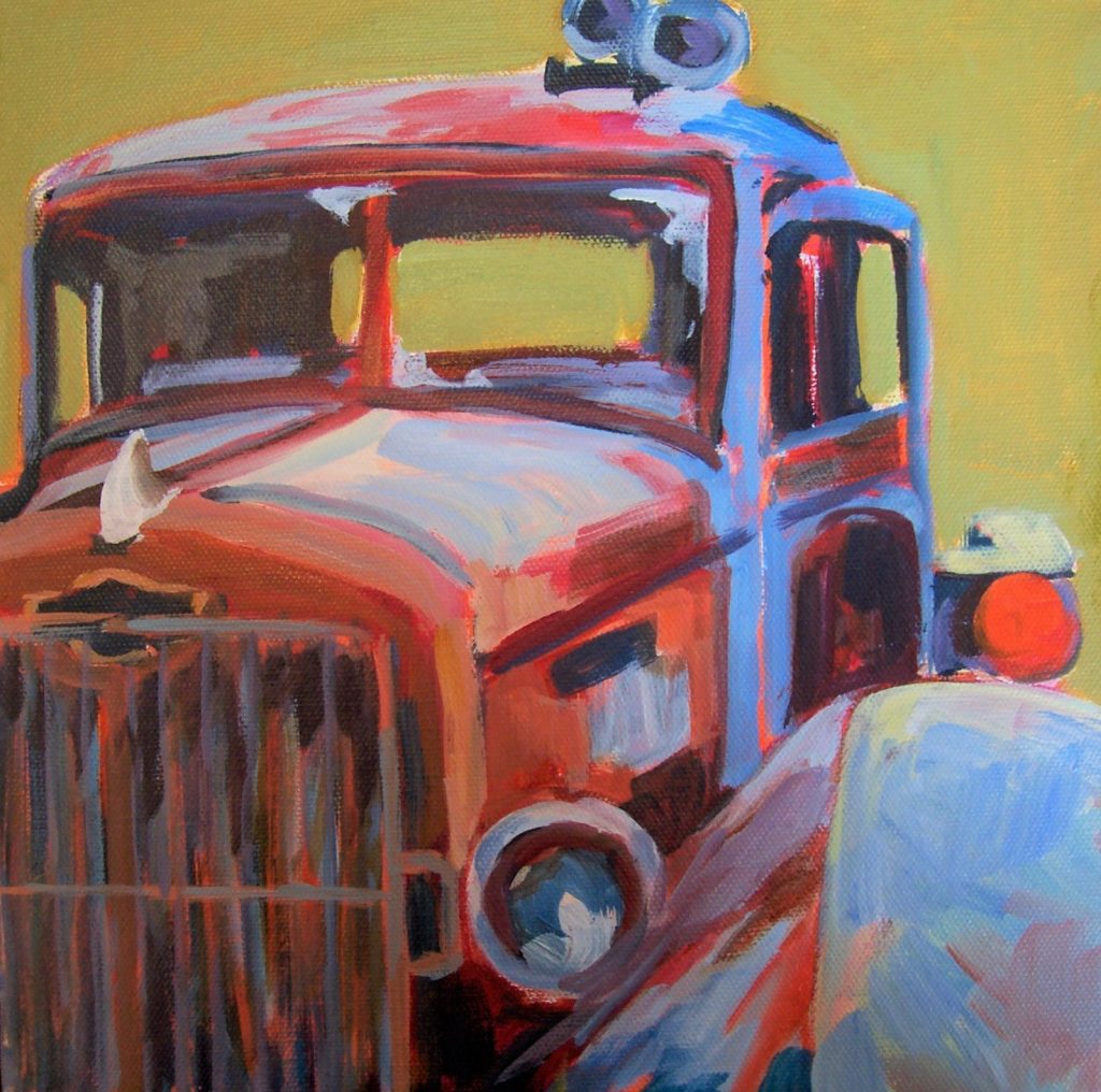 A painting of a detailed view of an old fashioned firetruck