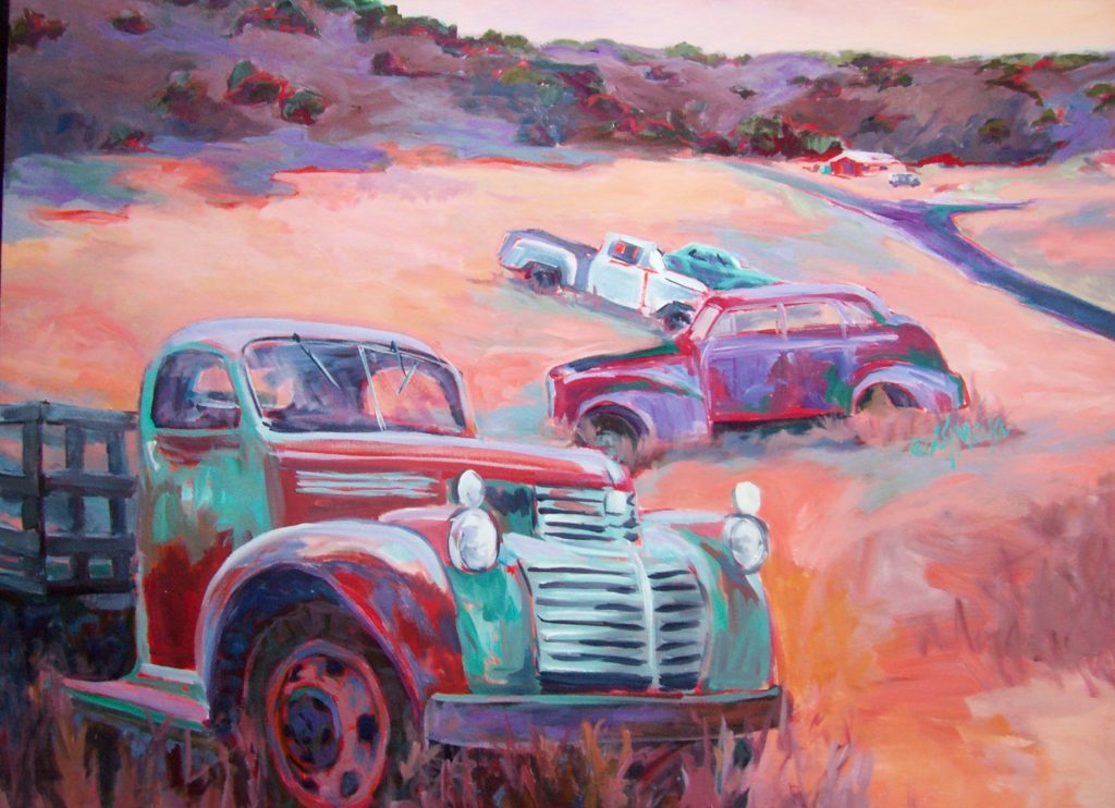 A painting of rusted vehicles in a field
