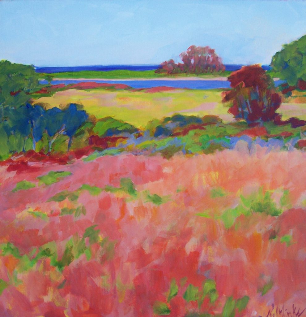 A painting of colorful fields leading to the ocean