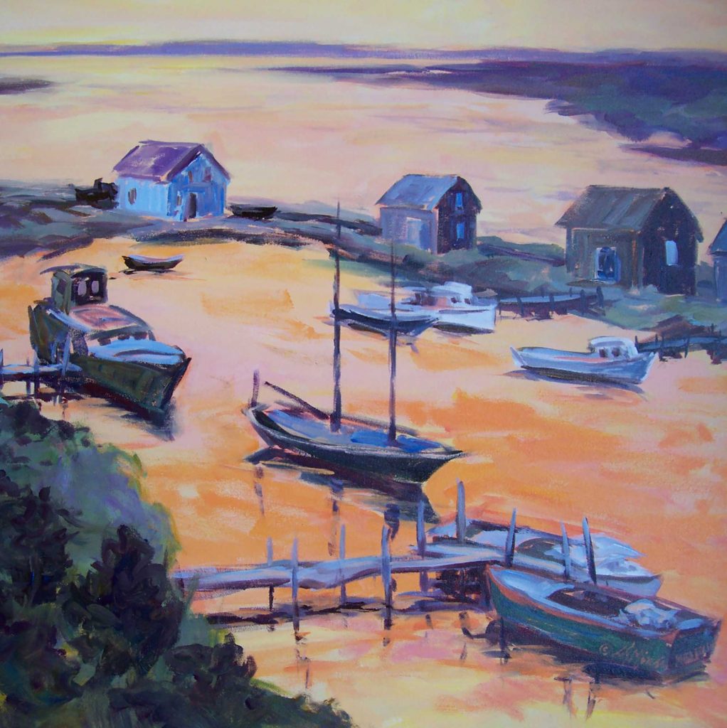A painting of ships in a harbor with sunset turning the water orange