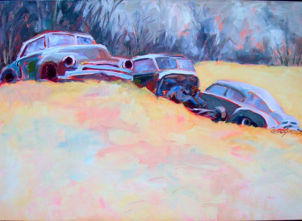 Painting of three abandoned cars on a hillside