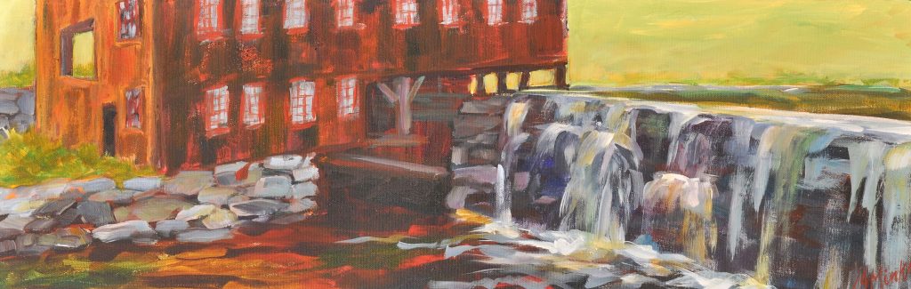 A painting of an old mill, river, and waterfall