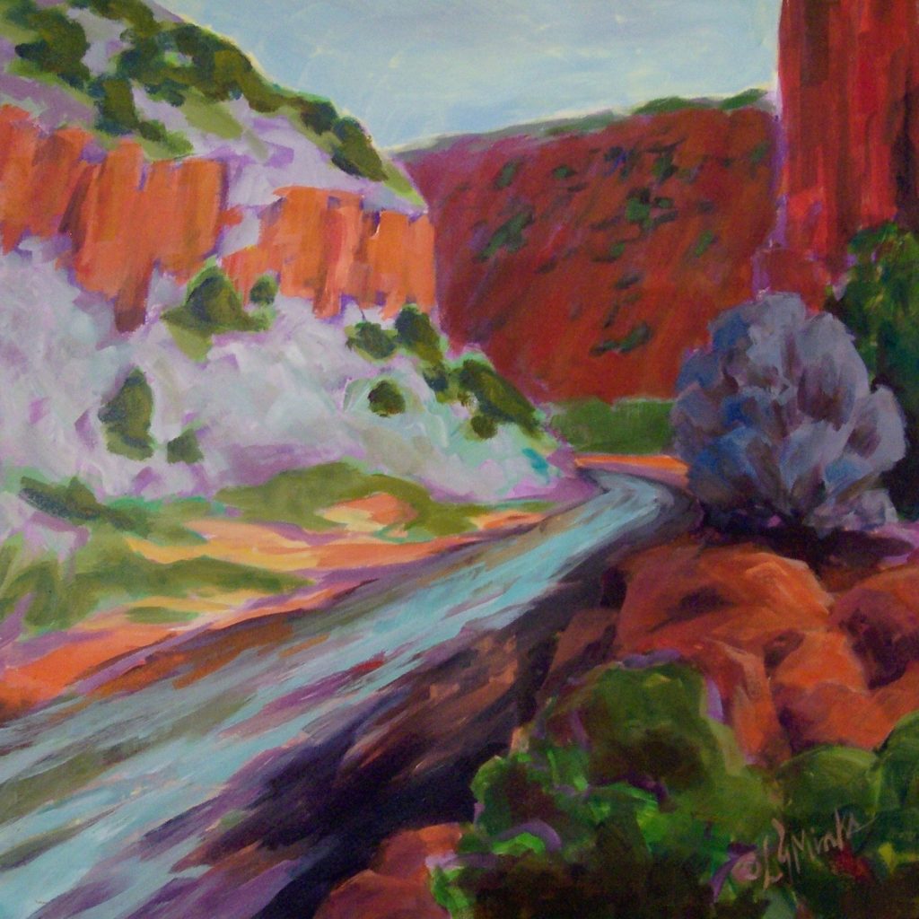 A painting of a river winding through rocky cliffs