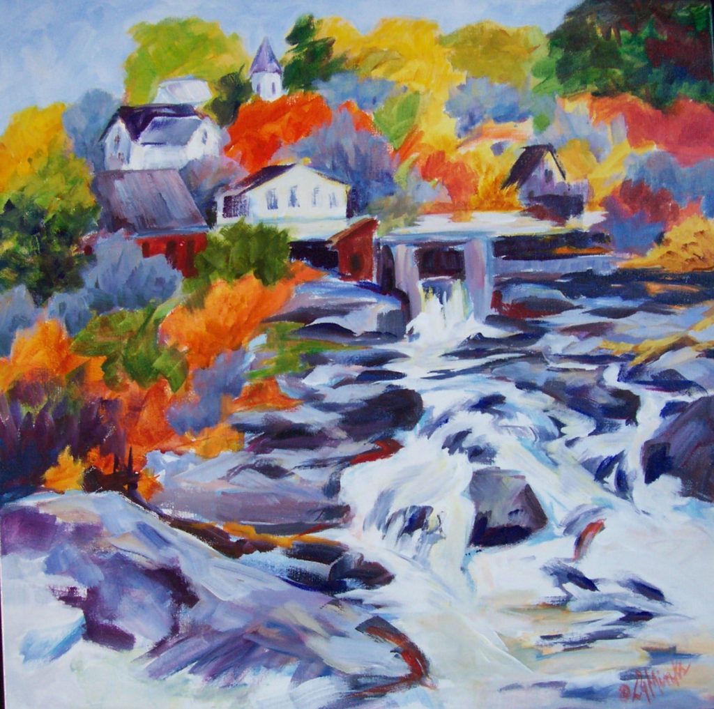 A painting of a rocky waterfall with homes in the background in the autumn