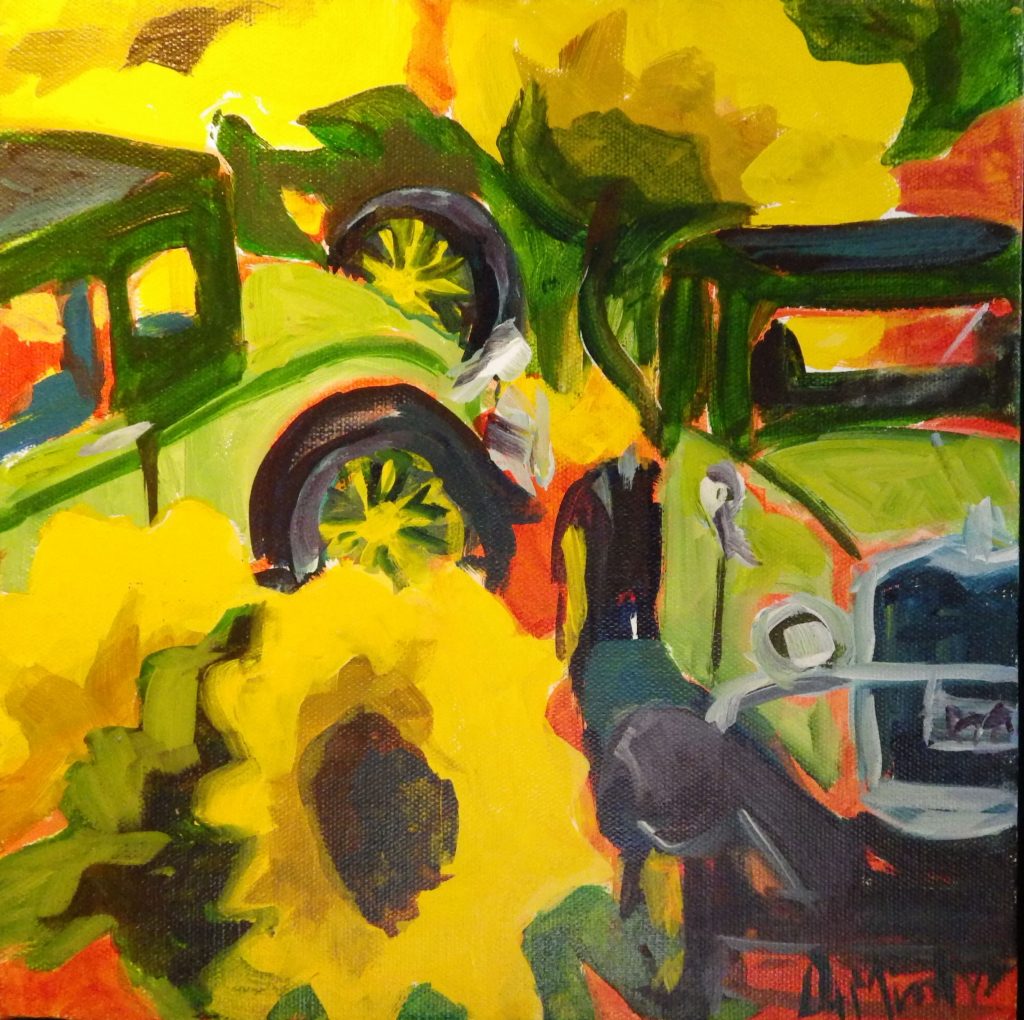 A painting of two green old fashioned cars with huge sunflowers