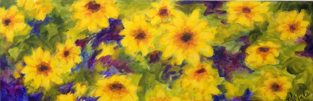 A painting of a close up of bright yellow sunflowers