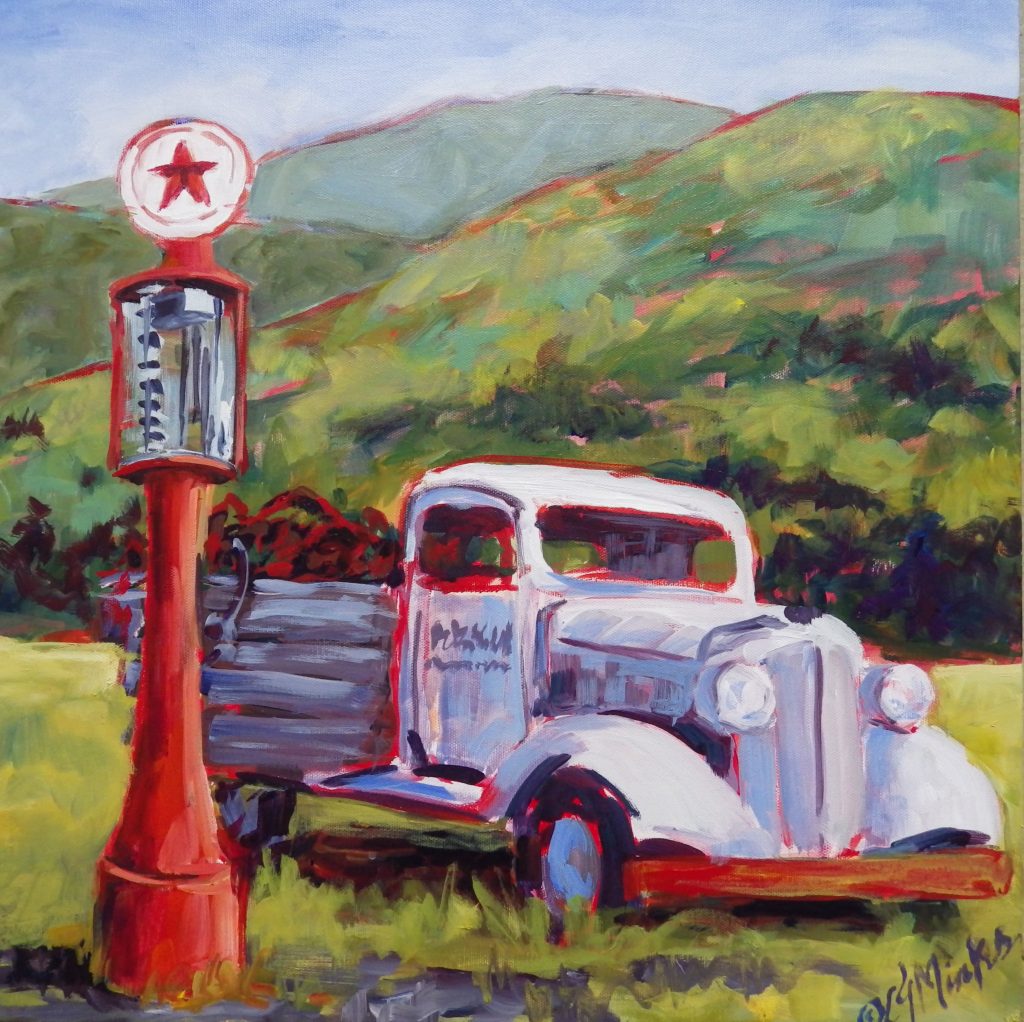 A painting of an old fashuioned white truck in a field